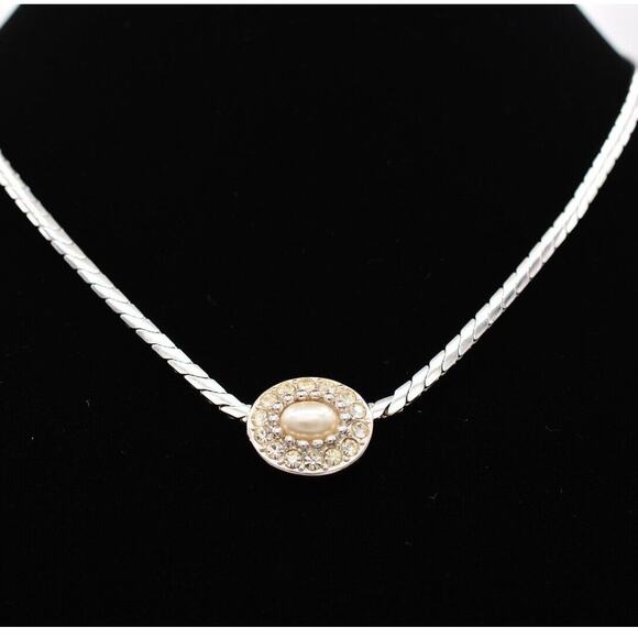 Christian Dior Vintage Collar Necklace Rhinestone Pearl Silver Signed 80s Bin7A - Picture 1 of 12